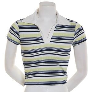 White, navy blue, and lime green strips. XL but fits like small.